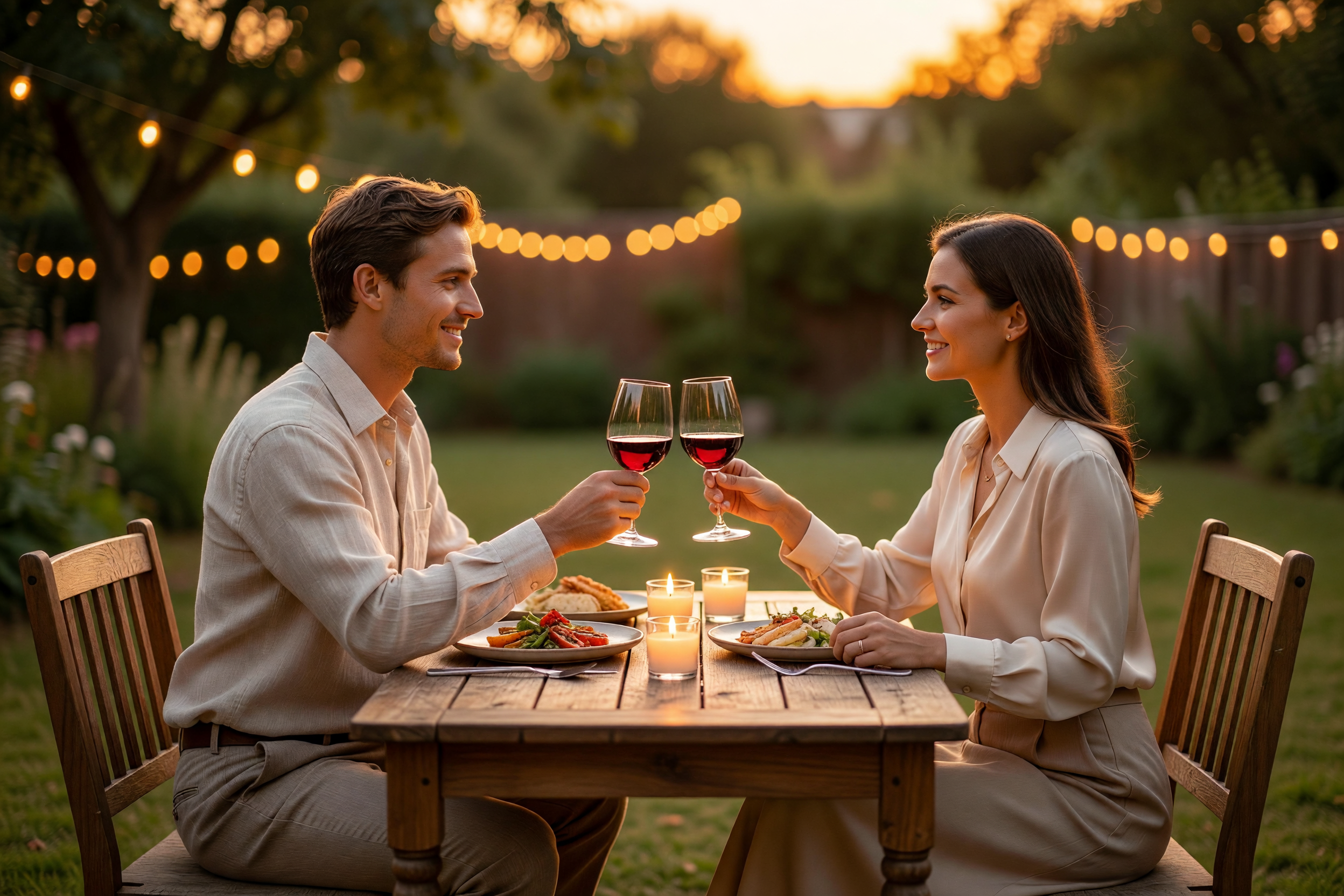 Couple outdoor dinner toast