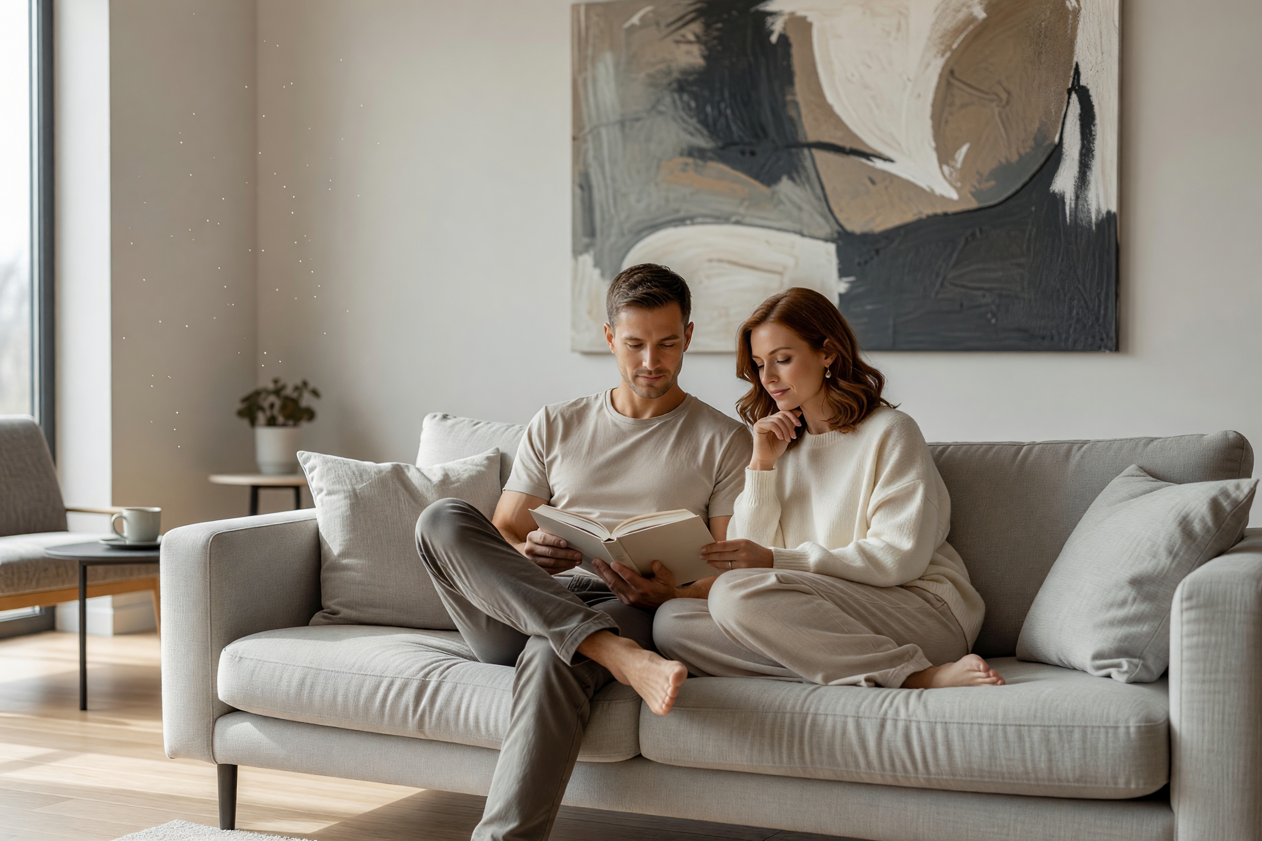 Couple reading on sofa