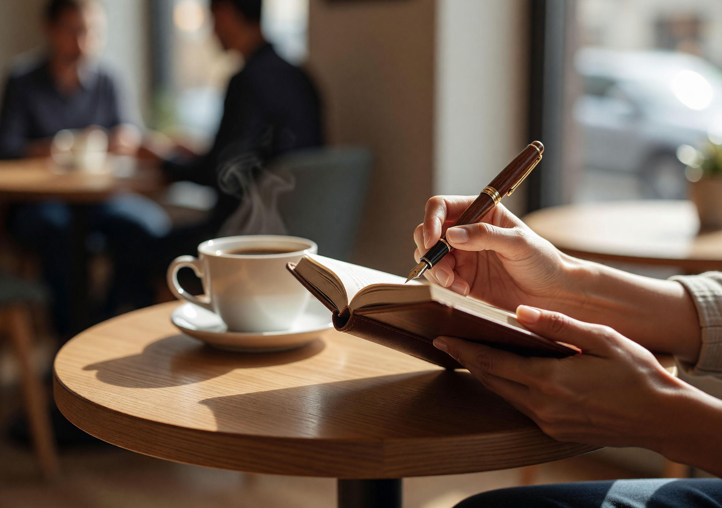 Hands journaling cafe