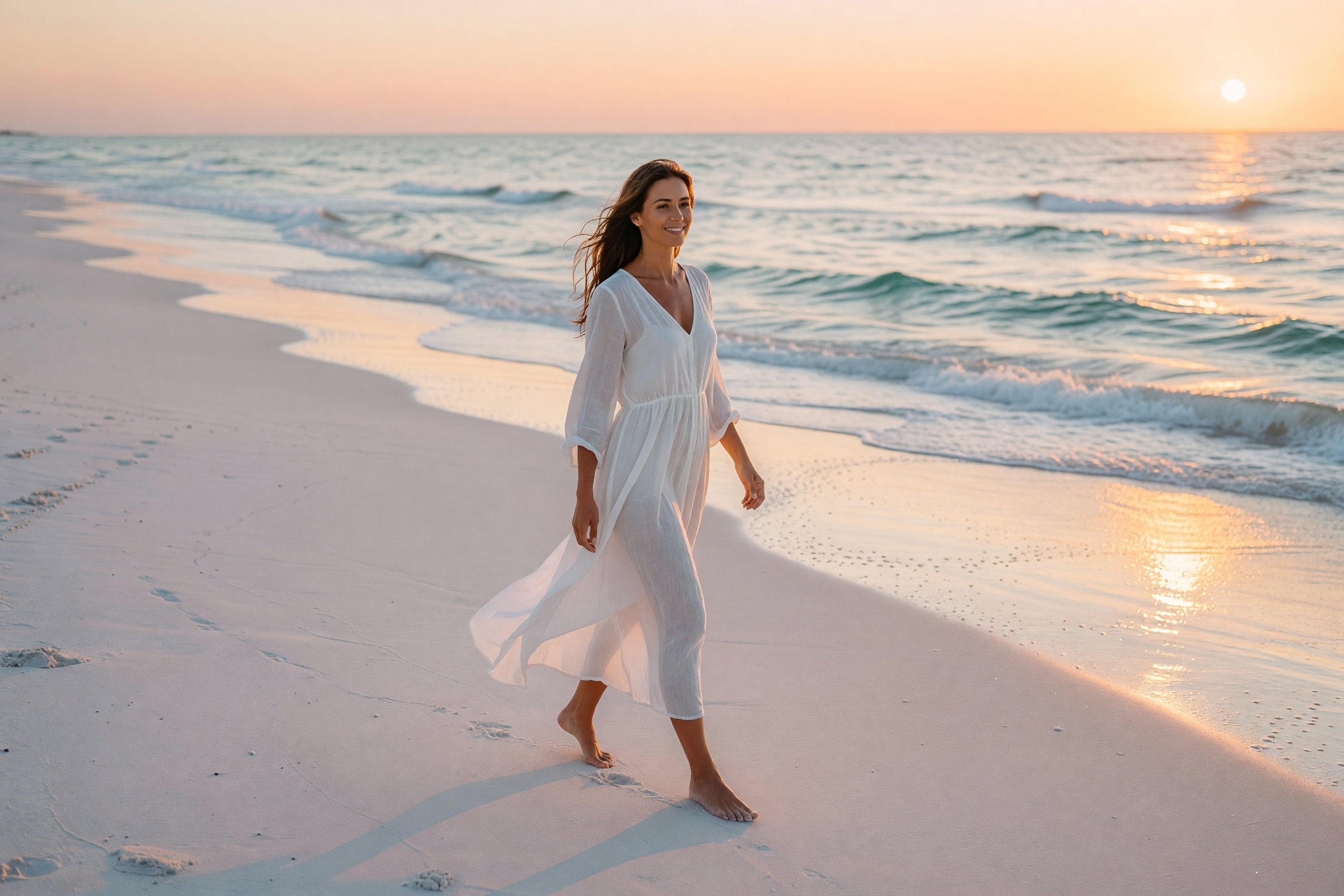 Woman beach sunset walk