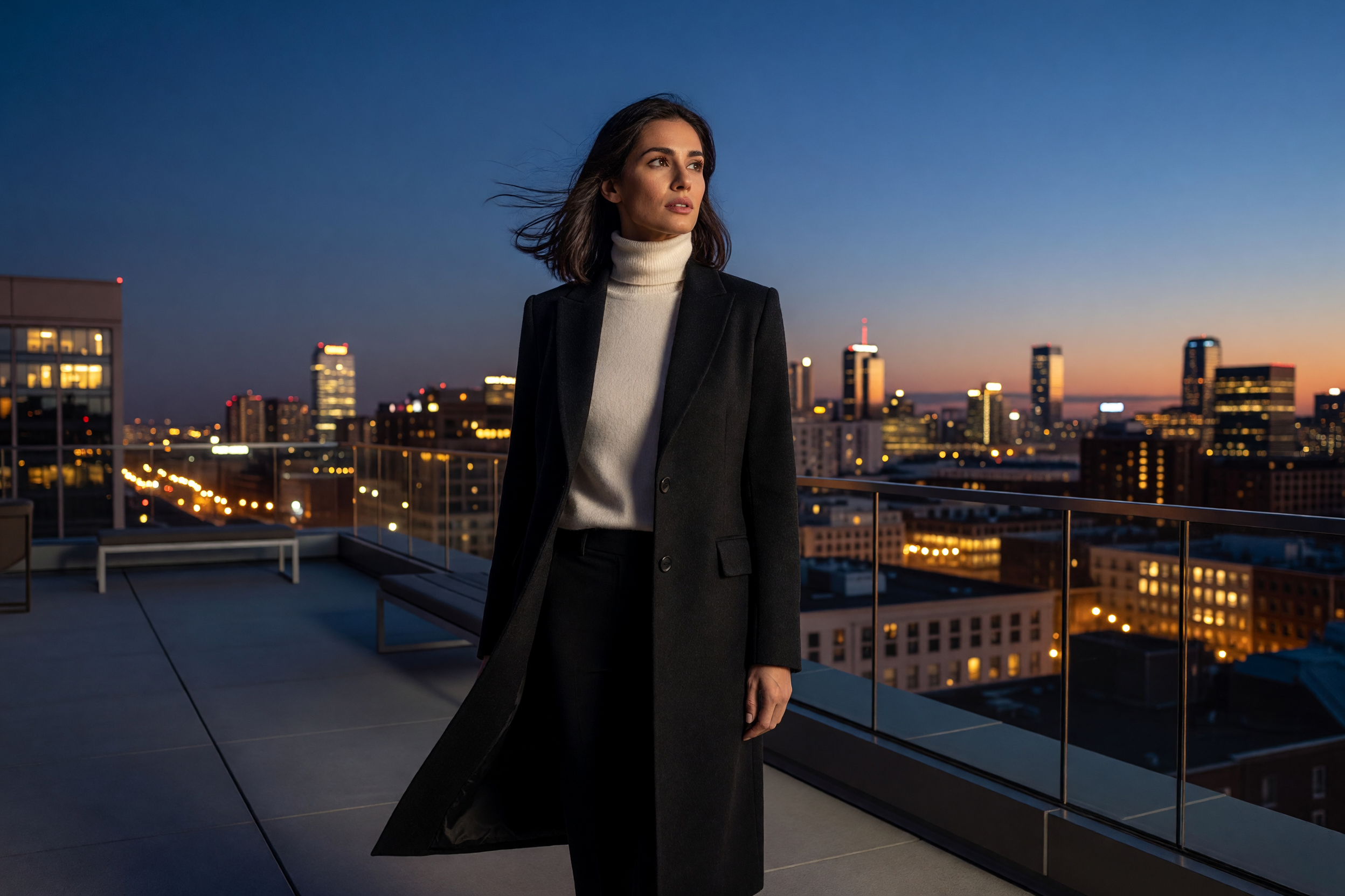 Woman rooftop city dusk